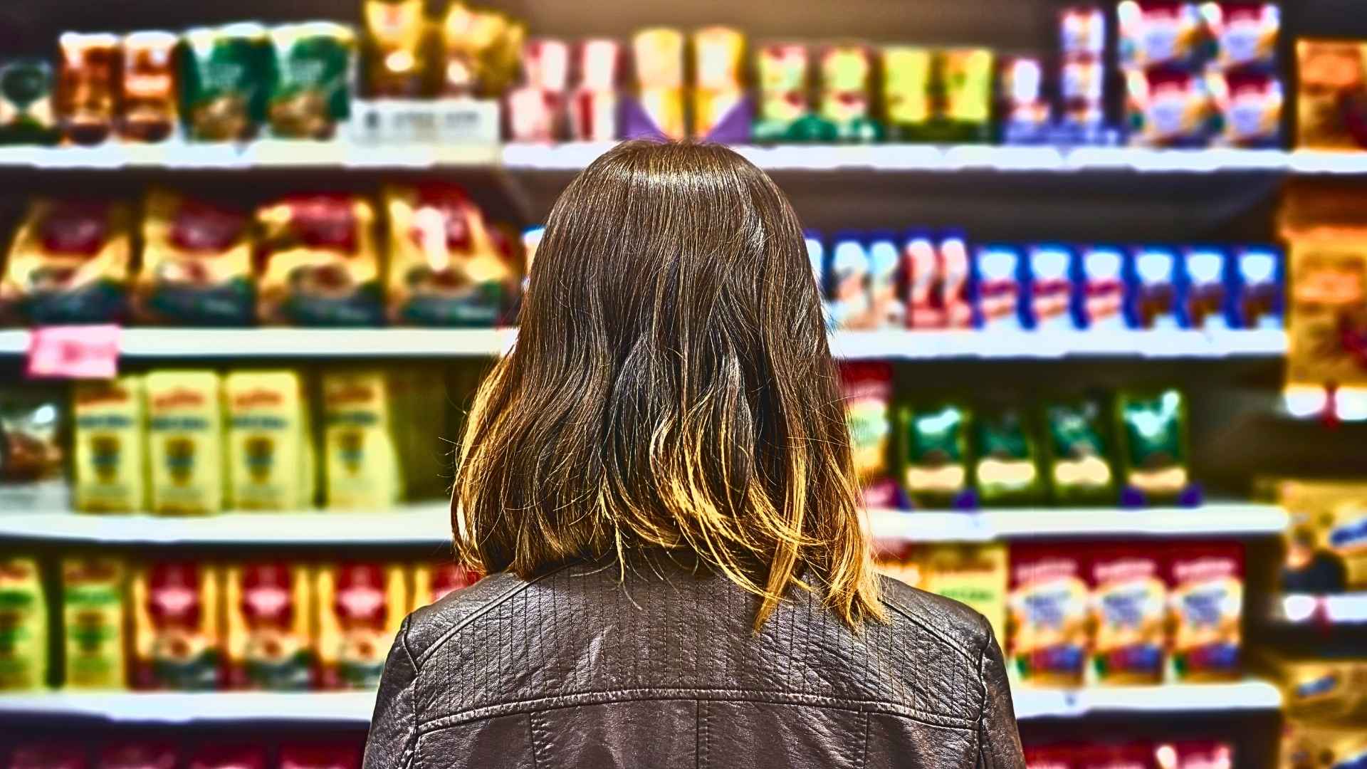A woman shopper is staring at products on a grocery shelf.
